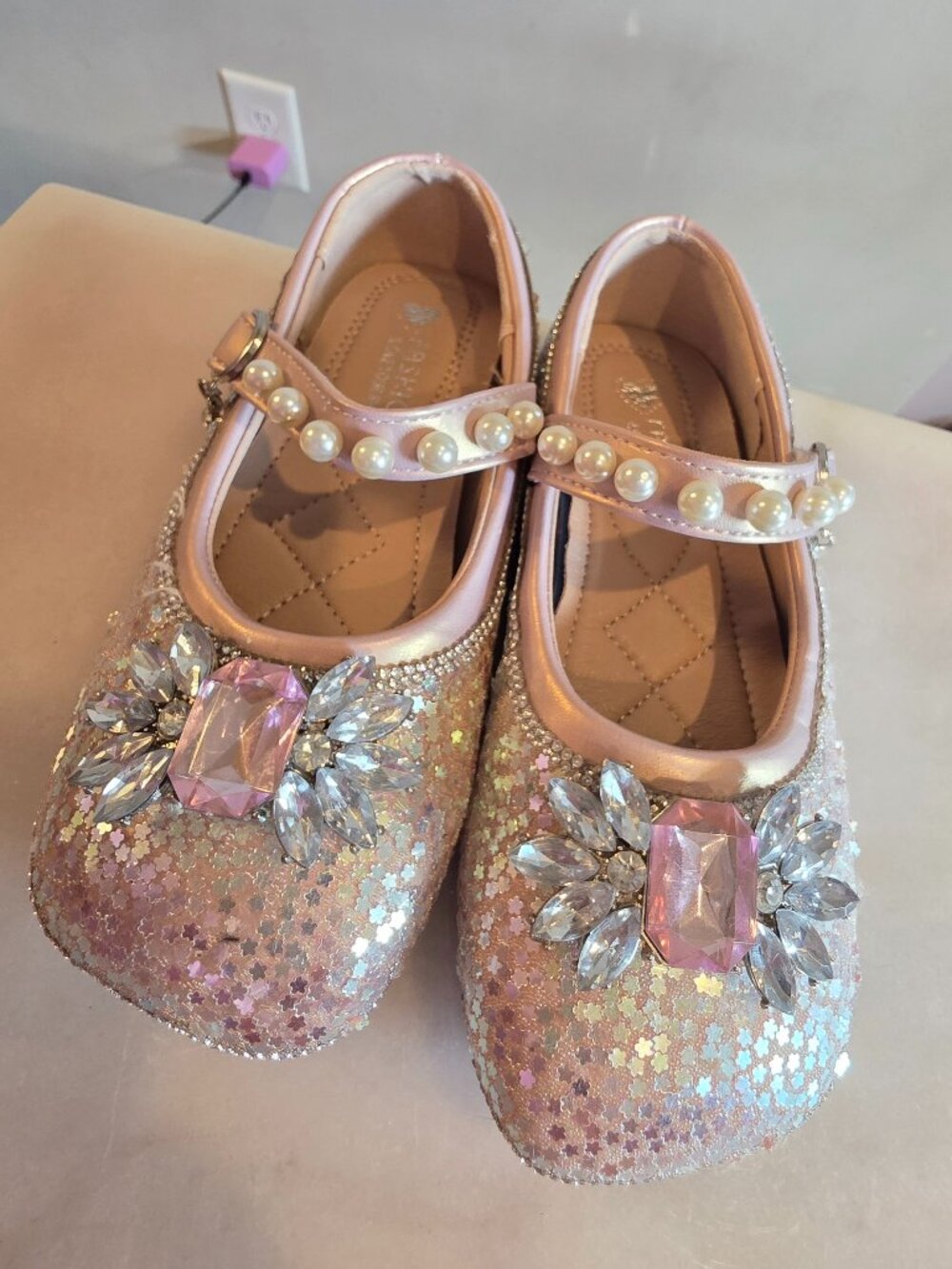 NWT Pink Glitter Rhinestone Princess Mary Jane Dress Shoes Size 11.5